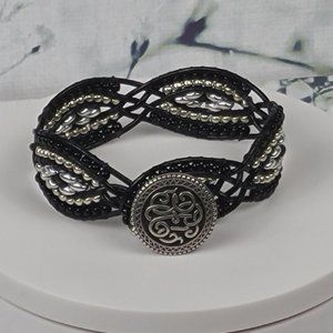Leather & Bead Bracelet -Black & Silver